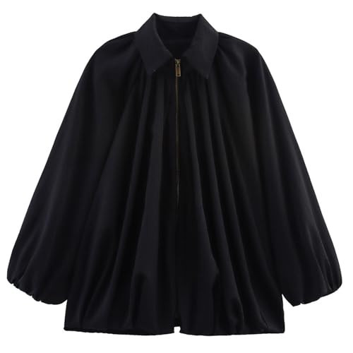 Talakeno Womens Puffed Bomber Jacket Casual Batwing Sleeve Lapel Collar Zip Shirts Oversized Pleated Streetwear Jackets(Black,L) | Amazon (US)