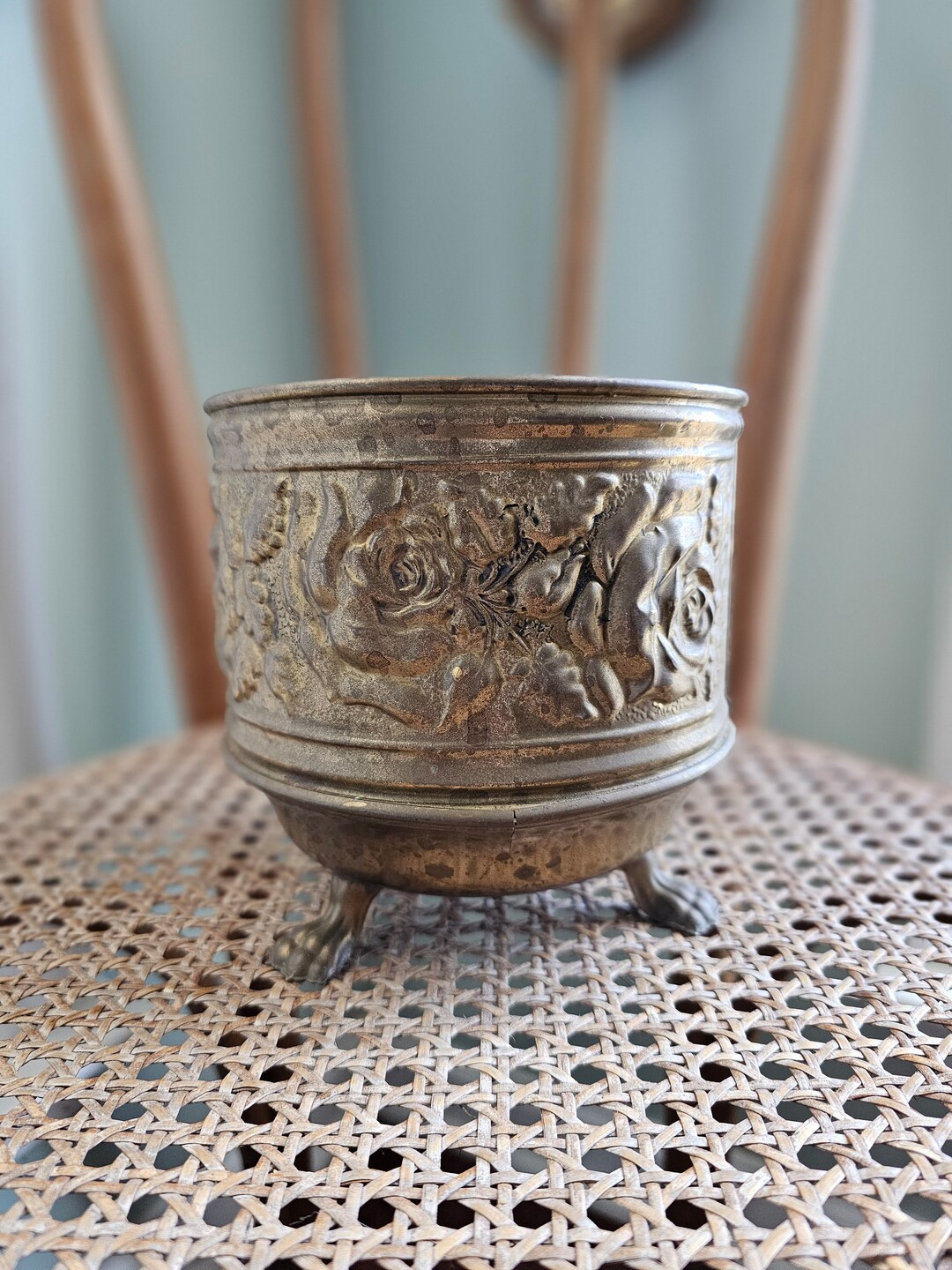 Vintage Embossed Brass Footed Planter Jardinière Pot Floral Rose Design Gold Metal Made in Engla... | Etsy (US)