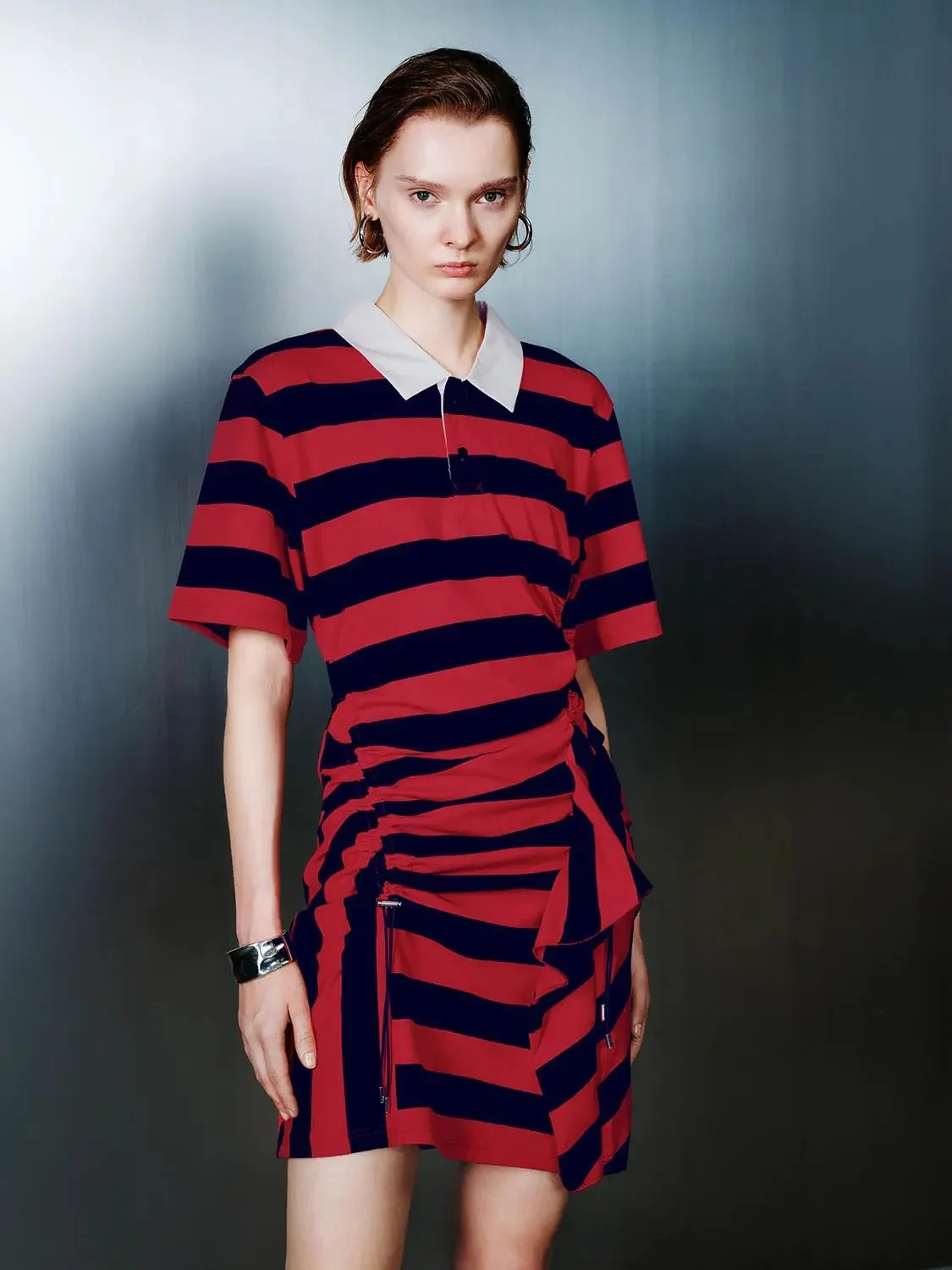 Polo Collar Striped Asymmetric Hem Cotton Midi Dress | Urban Revivo
