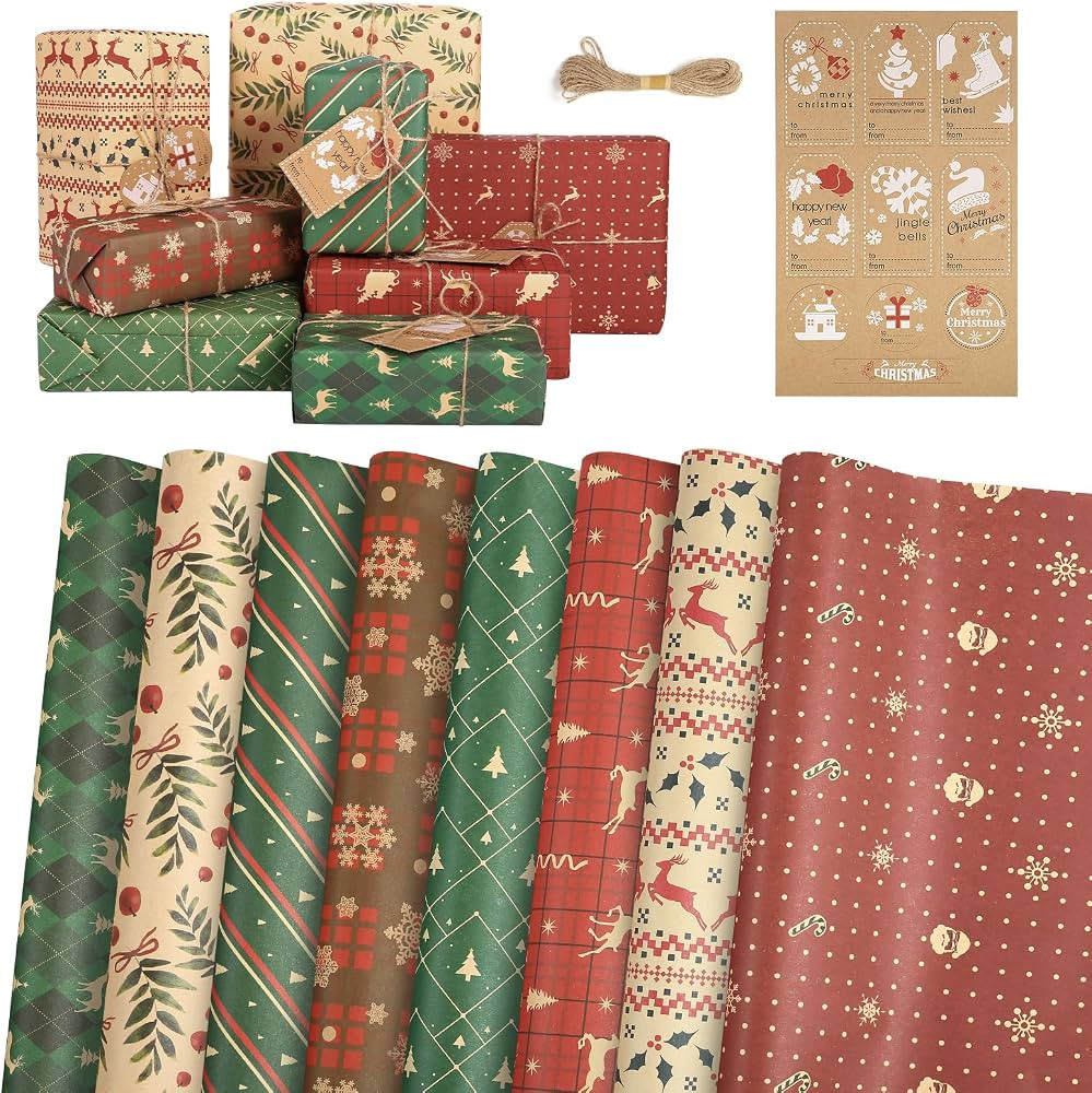 LEMESO Christmas Wrapping Paper Sheet with Tags Stickers Wrapping Paper for Christmas New Year Ho... | Amazon (US)