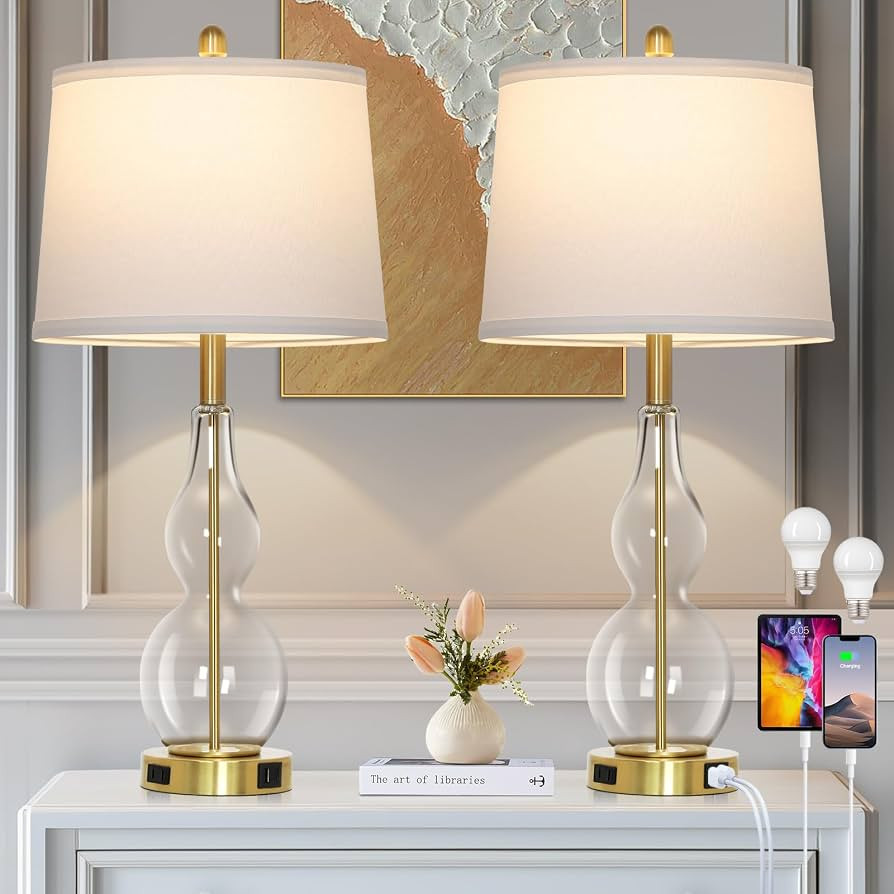 27.5" Clear Glass Table Lamp Set of 2,3-Way Dimmable Touch Control Bedside Lamps with USB Ports a... | Amazon (US)