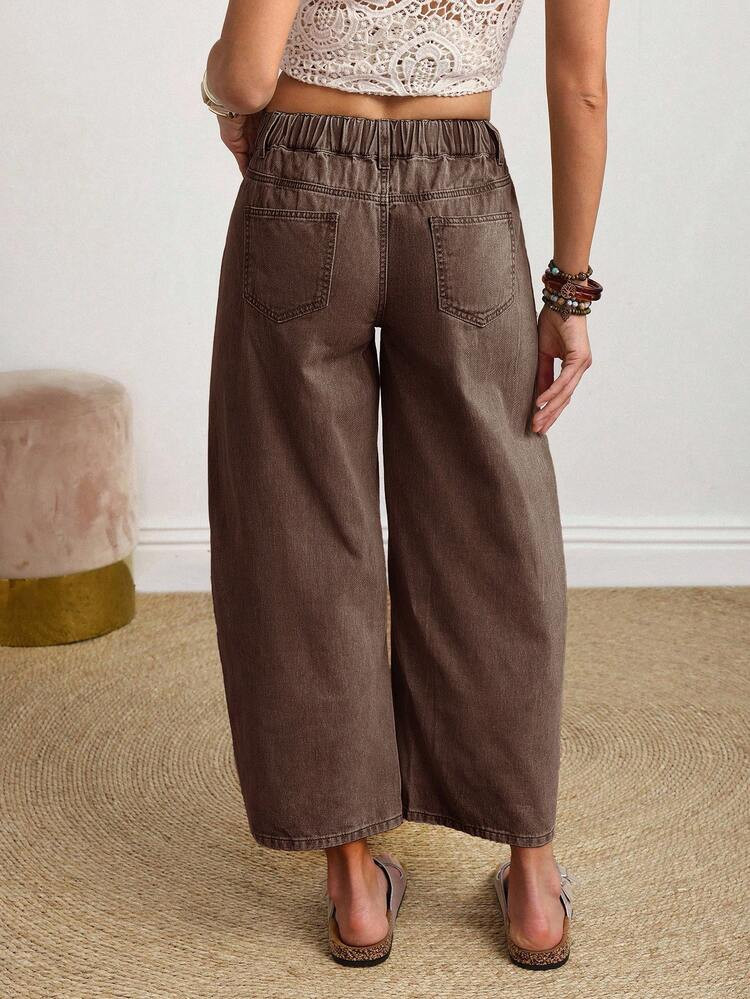 EMERY ROSE Women's Solid Color Pocket Design Fashionable Summer Versatile Jeans Brown Jeans Loose... | SHEIN