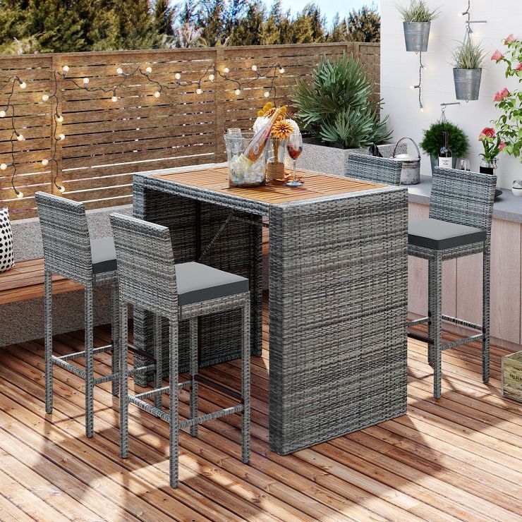 5 PCS Outdoor Patio Acacia Wood Top Wicker Bar with Bar Stools and Removable Cushions,Gray - Mode... | Target