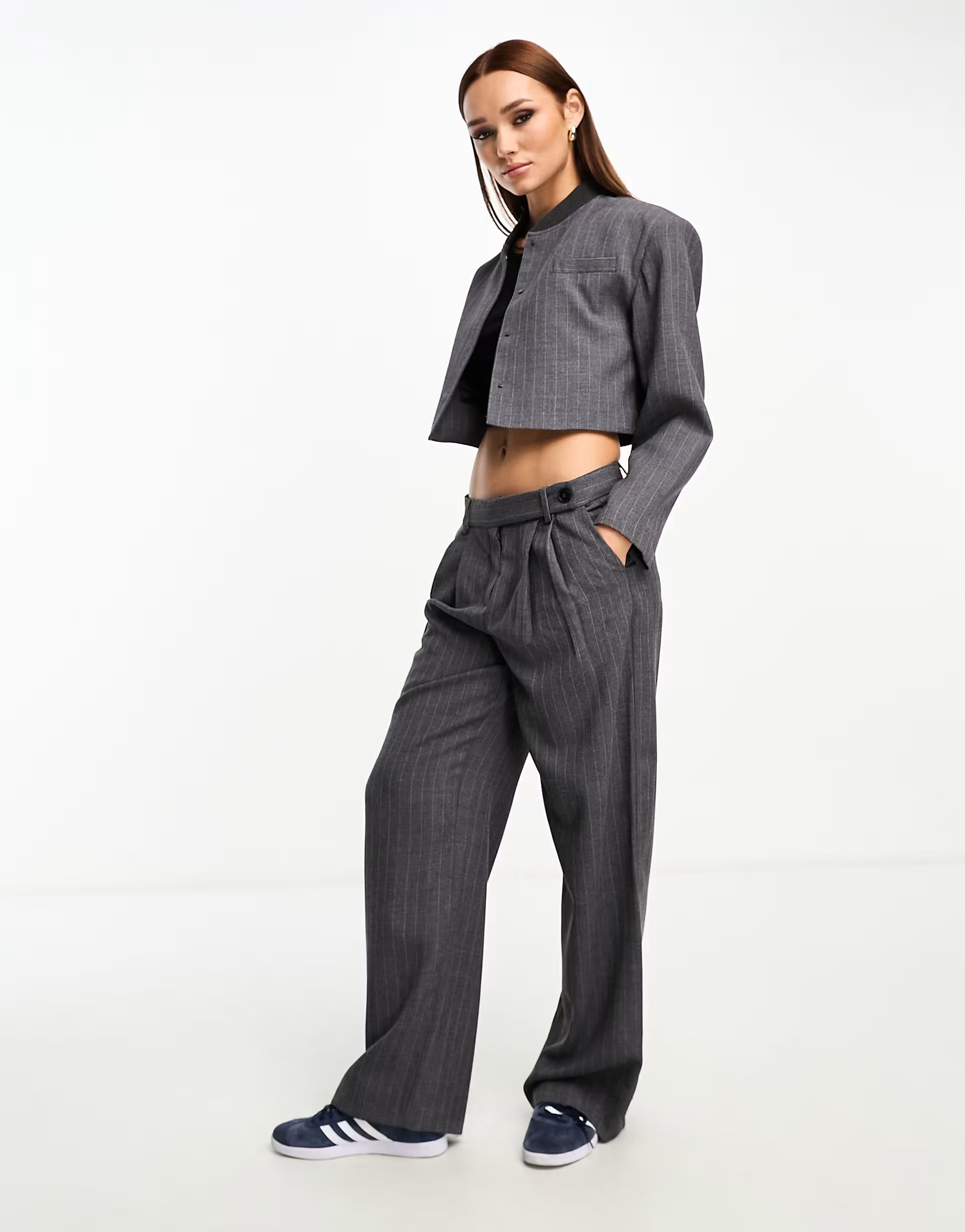 Mango Capsule cropped pinstripe blazer in grey | ASOS | ASOS (Global)