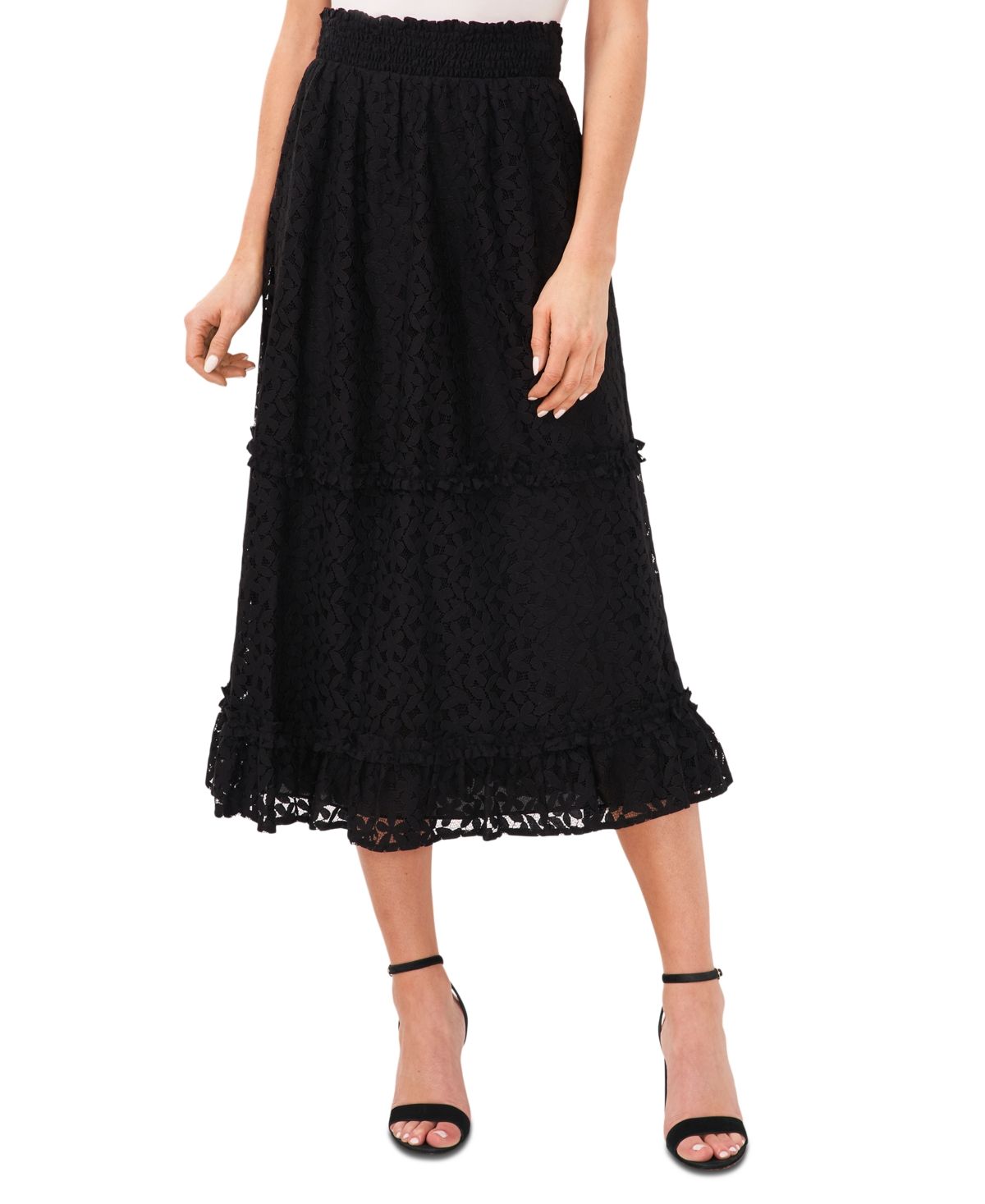 CeCe Women's Lace Smocked-Waist Midi Skirt - Rich Black | Macy's AU | APAC