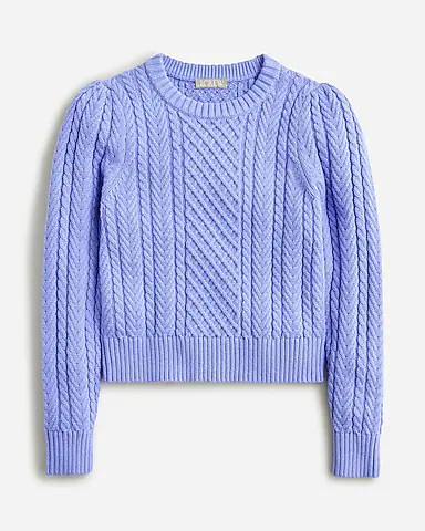 Cable-knit puff-sleeve crewneck sweater | J. Crew US