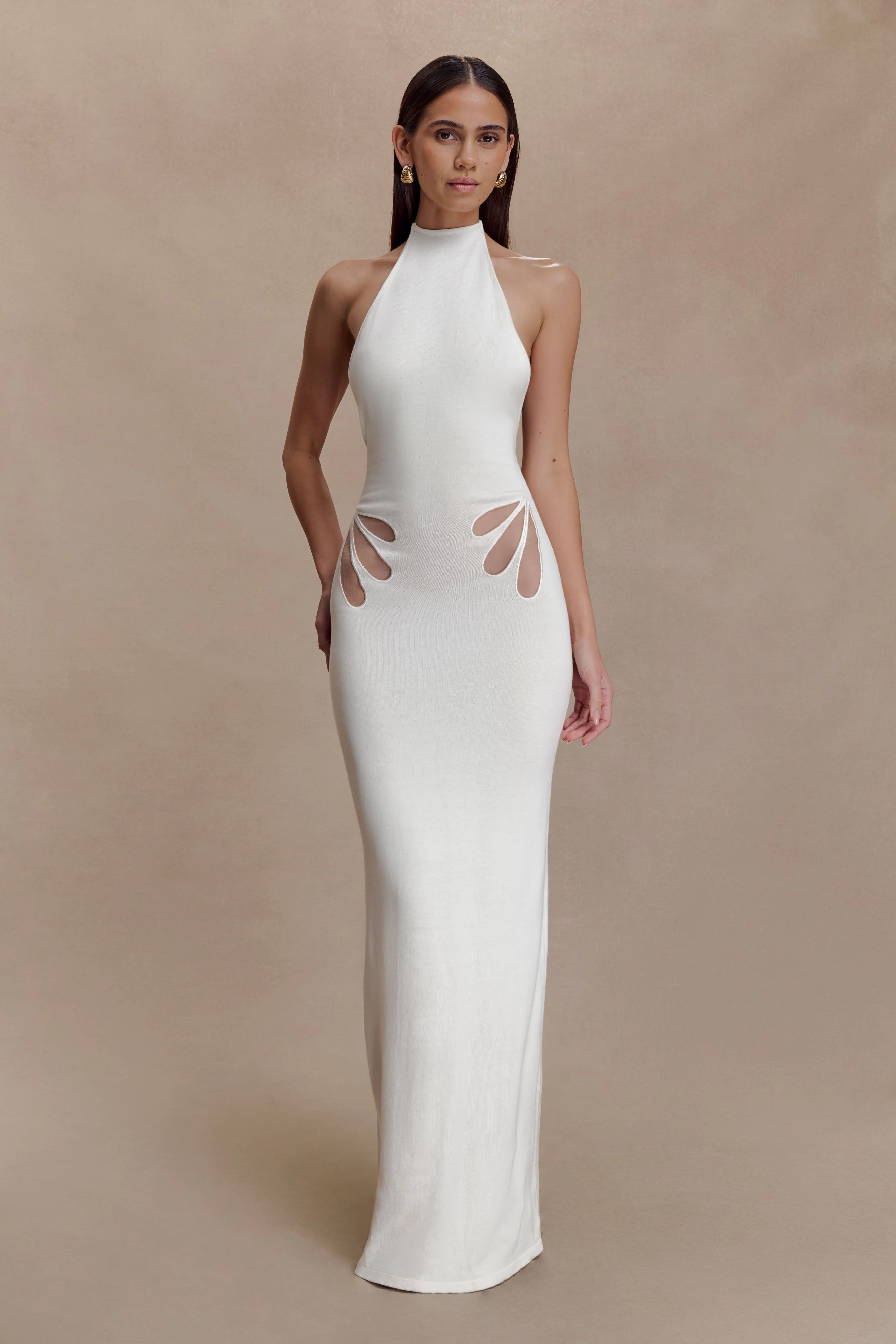 Knit Halter Maxi Dress - White | MESHKI US