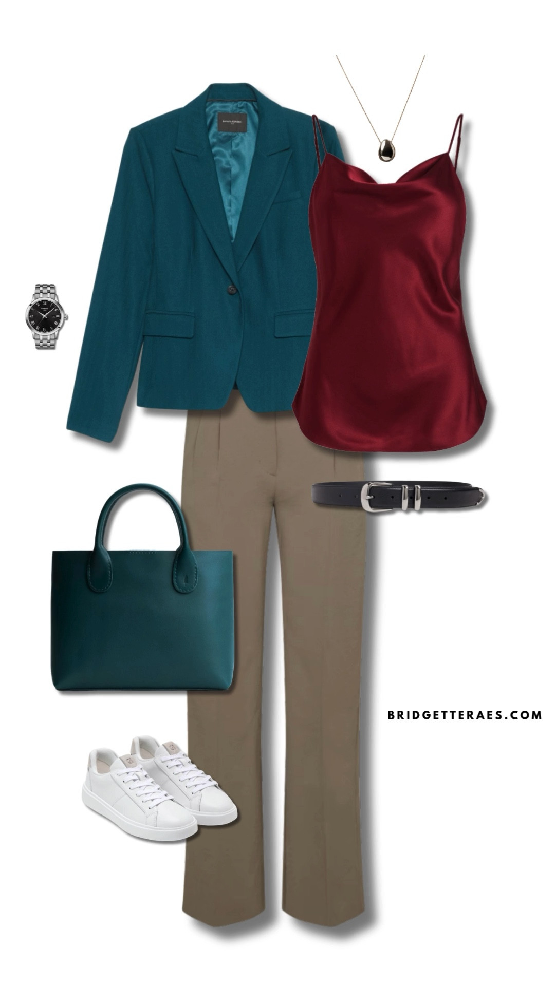 This outfit is a polished example of how modern professional women can embrace bold color combinations without sacrificing sophistication. The deep teal blazer creates a tailored structure that pairs elegantly with the sleek taupe trousers, while the rich burgundy satin camisole brings a luxurious contrast that instantly elevates the ensemble. Crisp white sneakers keep the look grounded and approachable for fast-paced days, while the coordinating teal handbag ties everything together seamlessly. Accessories like the minimalist silver pendant, structured watch, and classic belt add just the right amount of polish—making this the perfect ensemble for leaders who want to command the room while staying authentically themselves.

#LTKStyleTip #LTKItBag #LTKWorkwear