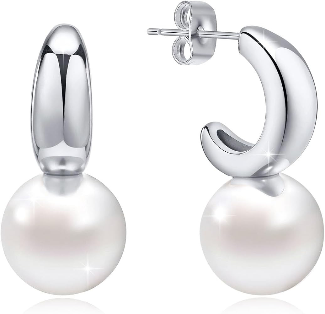Chunky Gold/Silver Pearl Earrings for Women : Stainless Steel Big Pearl Drop Earrings Dangling fo... | Amazon (US)