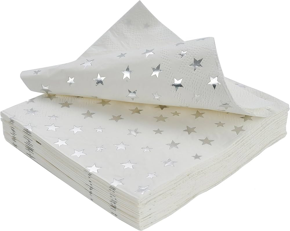 Silver Star Cocktail Napkins 100 Counts 2-Ply 5'' White and Silver Disposable Paper NapkinsPerfec... | Amazon (US)