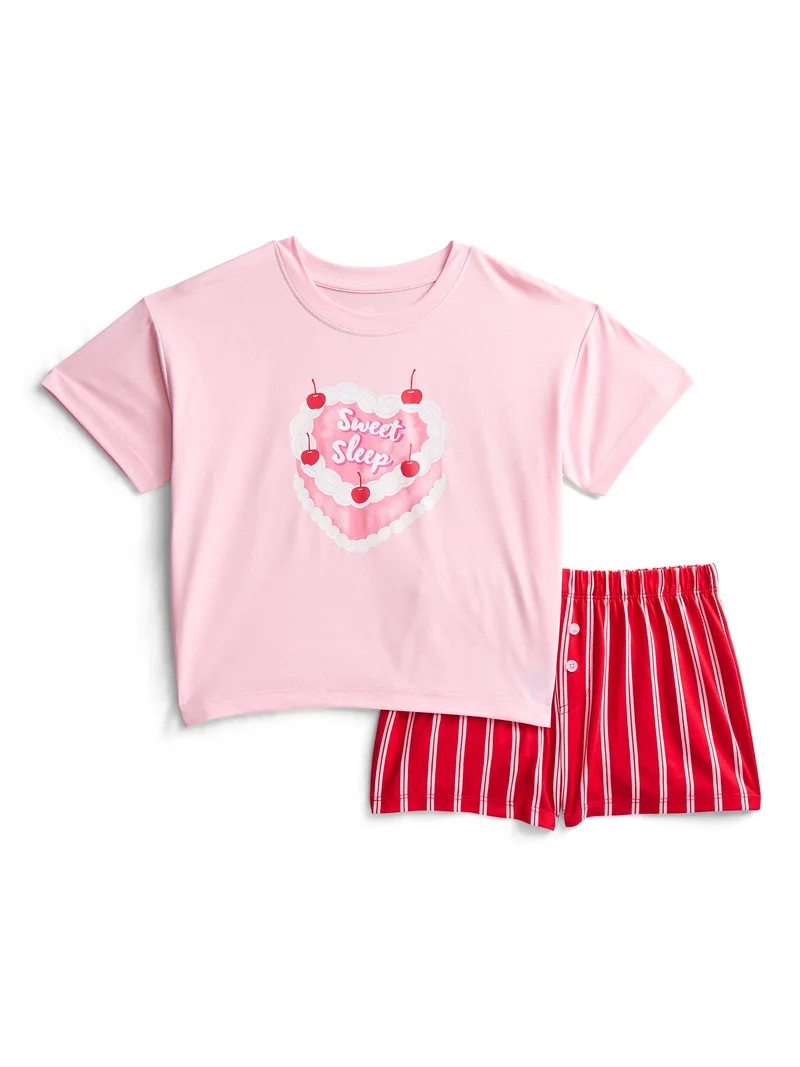 Wonder Nation Girls Short Sleeve Tee and Shorts Pajama Set, 2-Piece, Sizes 4-18 | Walmart (US)