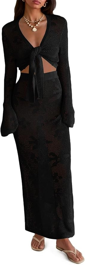 Saodimallsu Womens Crochet Swim Cover Up 2 Piece V Neck Long Sleeve Wrap Tie Crop Tops Beach Boho... | Amazon (US)