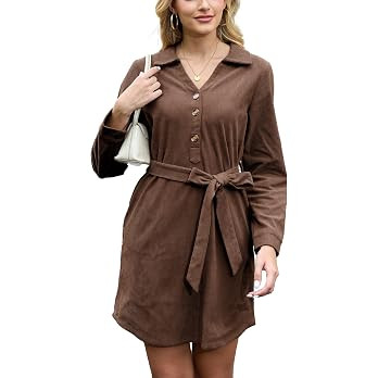 Jayscreate Women's V Neck Corduroy Button Up Long Sleeve Belt Dress | Amazon (US)