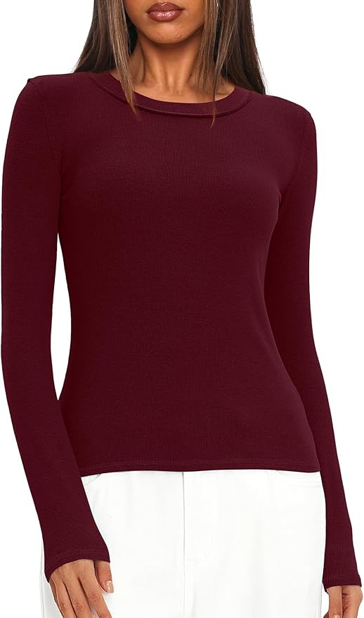 Darong Long Sleeve Shirts for Women Crew Neck Rib Knit Slim Fit Tops Basic Tee Casual T-Shirt Lay... | Amazon (US)