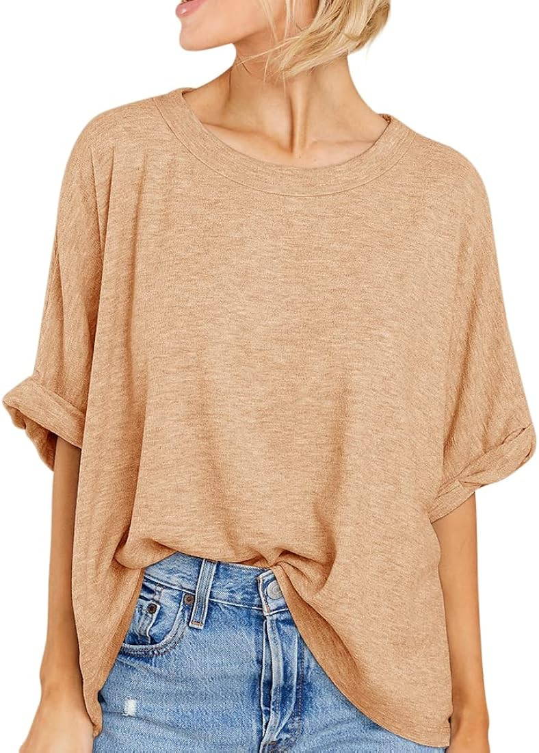 Langwyqu Womens' Short Sleeve Oversized Summer Crew Neck Loose Casual Tee T-Shirt | Amazon (US)