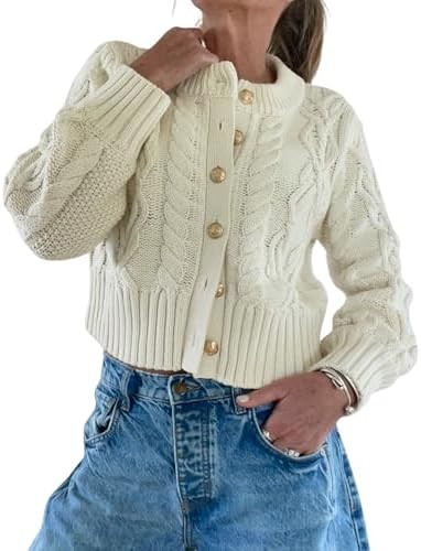 Watashi Women Sweater Casual Button Down Cable Knit Long Sleeve Cardigan Crewneck Lightweight Kni... | Amazon (US)