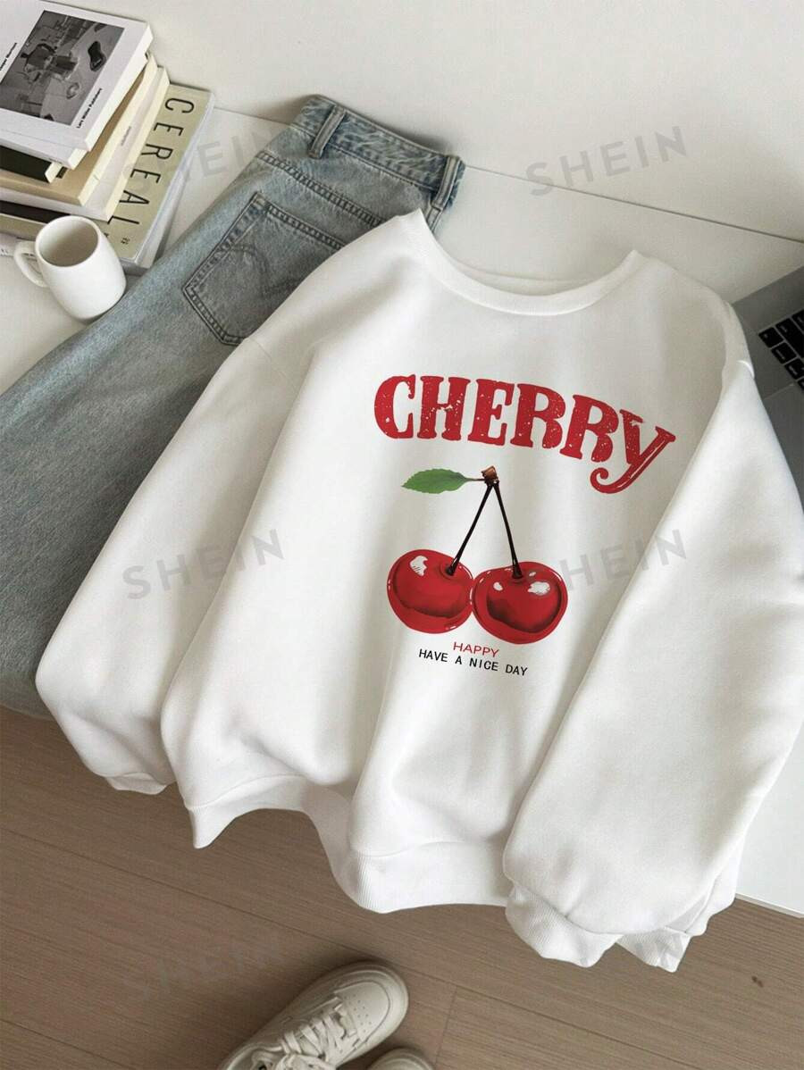 SHEIN EZwear Casual Simple Cherry Blossom Print White Loose Fit Crew Neck Long Sleeve Sweatshirt ... | SHEIN