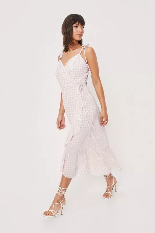 Gingham Strappy Wrap Midi Dress | Nasty Gal (US)