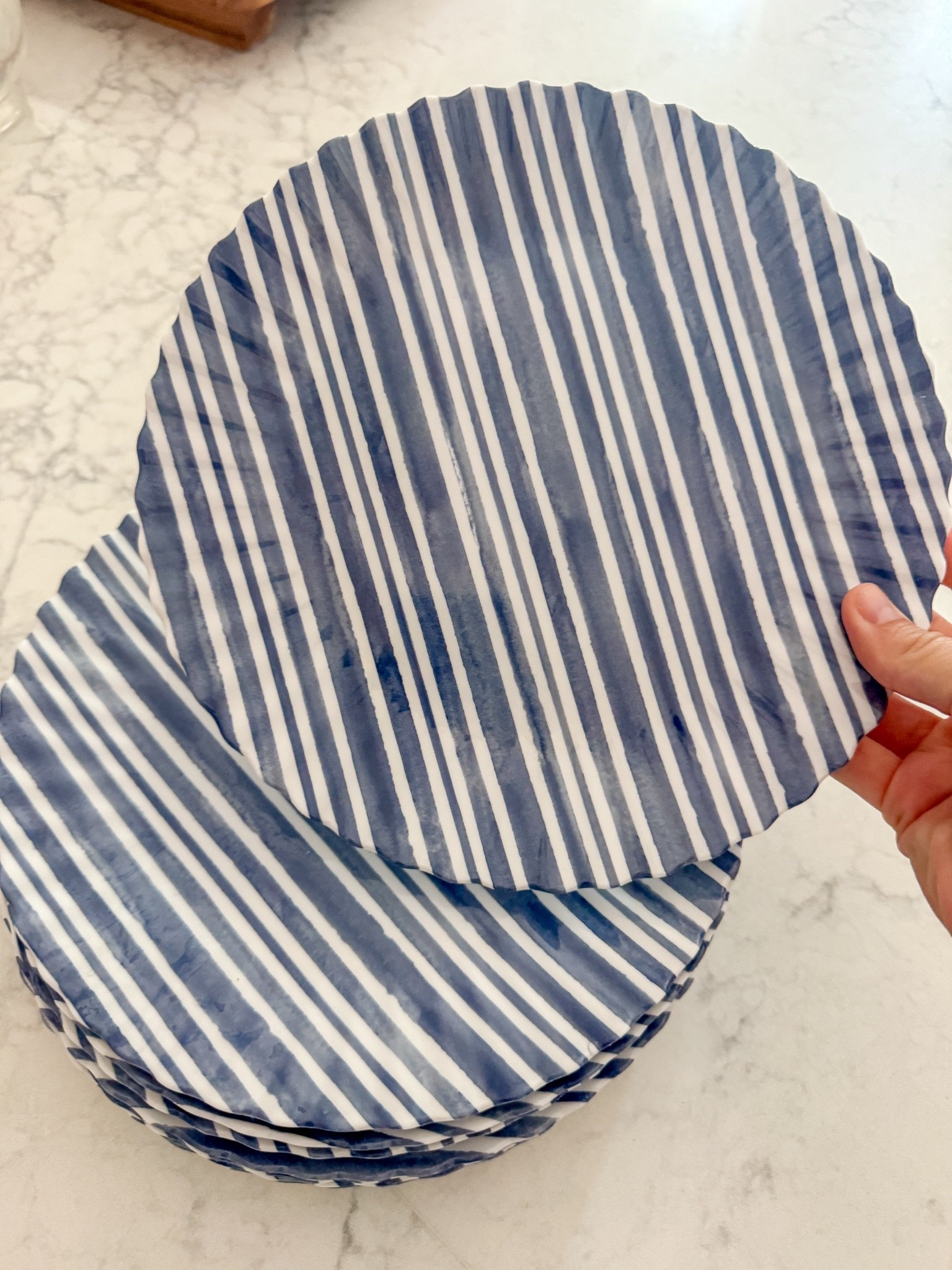 The cutest blue & white striped melamine salad plates. Perfect coastal/Nancy Meyers pop of color on top of a white set for every outdoor dining event this summer!

#LTKHome #LTKSeasonal