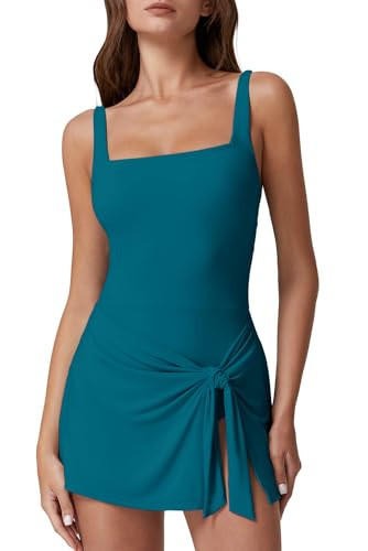 QINSEN Tummy Control Swimsuits for Women Square Neck One Piece Swimsuit High Waisted Bathing Suit Blue Green L | Amazon (US)