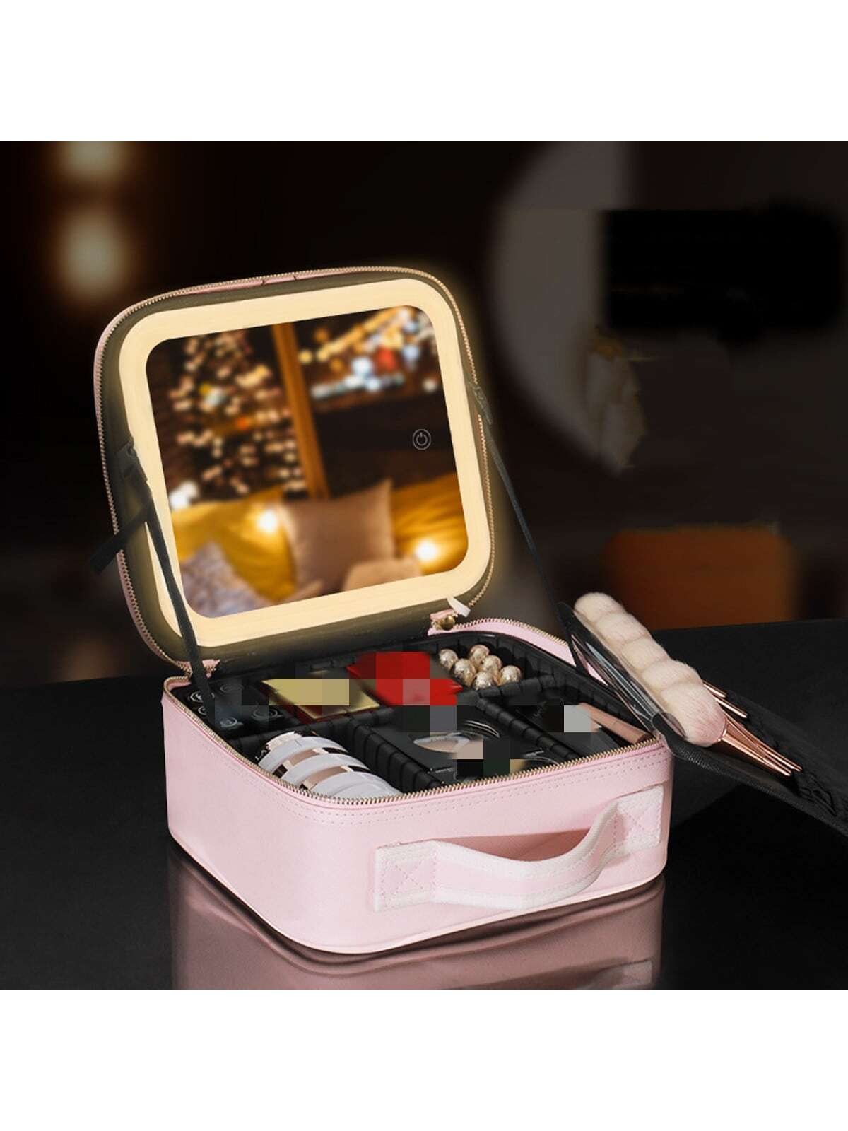 1pc Large Capacity Cosmetic Bag With Light, Full Screen Mirror, Handheld Handle, Portable Travel ... | SHEIN