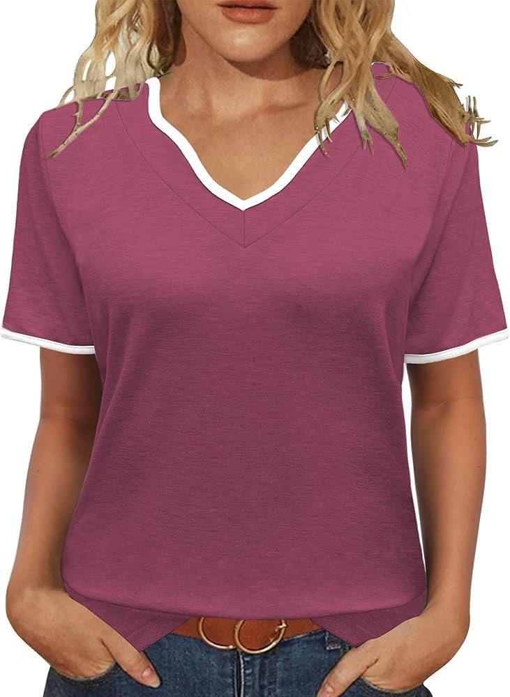 JomeDesign Womens Summer Tops Short Sleeve Color Block V Neck Shirts Loose Fit Casual Blouses | Amazon (US)