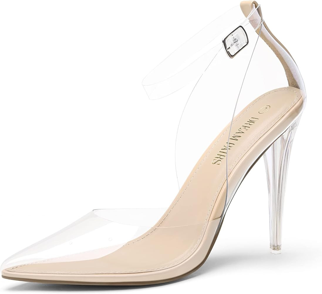 Women’s Clear High Heels Strappy Rhinestone Closed Toe Stiletto Sexy Sparkly Pointed Toe Ankle ... | Amazon (US)
