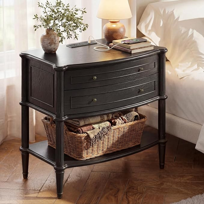 STO'SENSE Wide Nightstand w/Charging Station & 2 Drawers, Pre-Assembled, Vintage Side Table w/Ant... | Amazon (US)