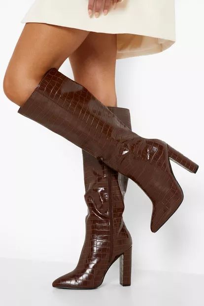 Wide Width Pointed Toe Croc Knee High Boot | Boohoo.com (US & CA)