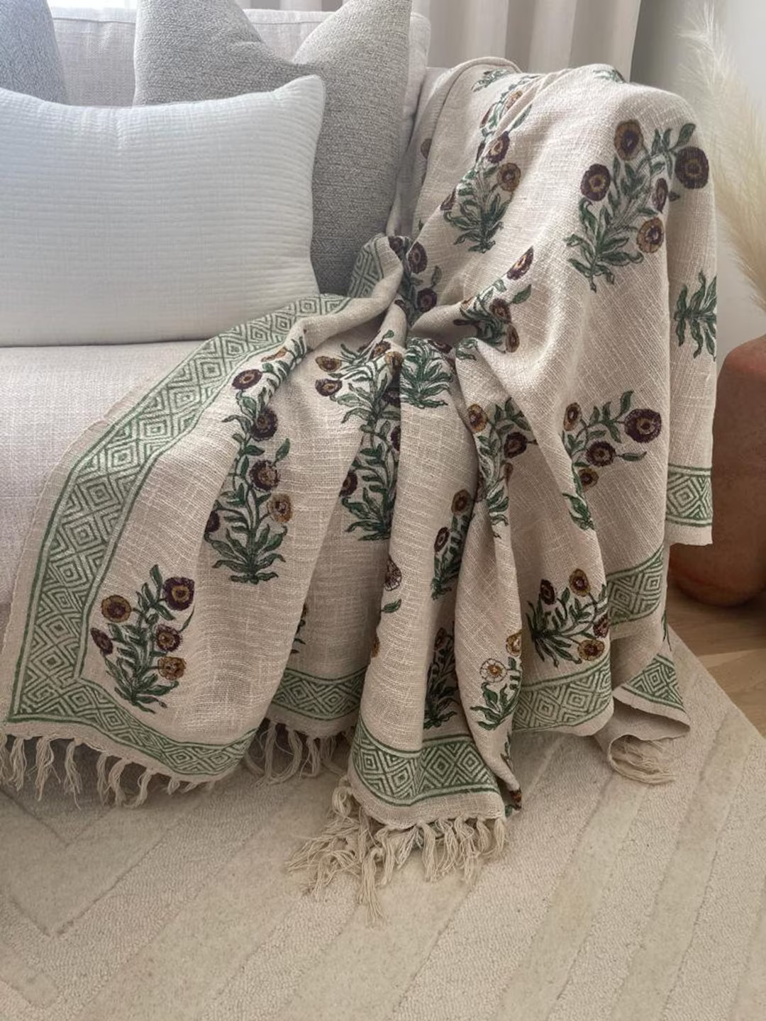 Sofa Décor Room Décor Handmade Throw Handblock Print Throw Soft Cotton Throw Blanket Tassels Ha... | Etsy (US)