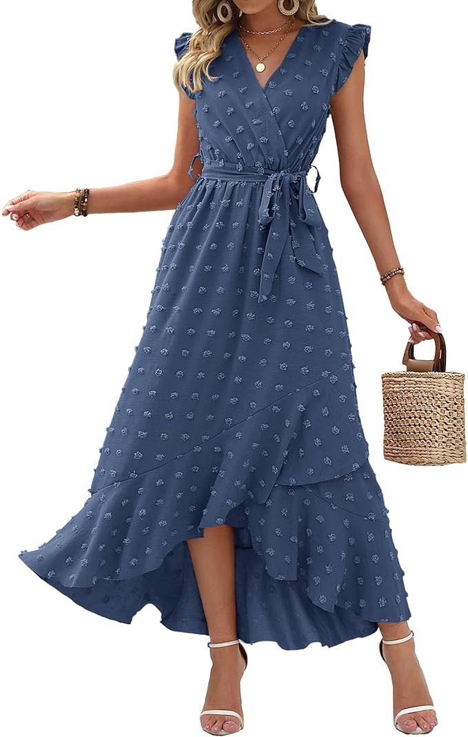 BTFBM Women V Neck Summer Dress 2025 Cap Sleeve Swiss Dot Boho Flowy Ruffle Slit Beach Party Long... | Amazon (US)