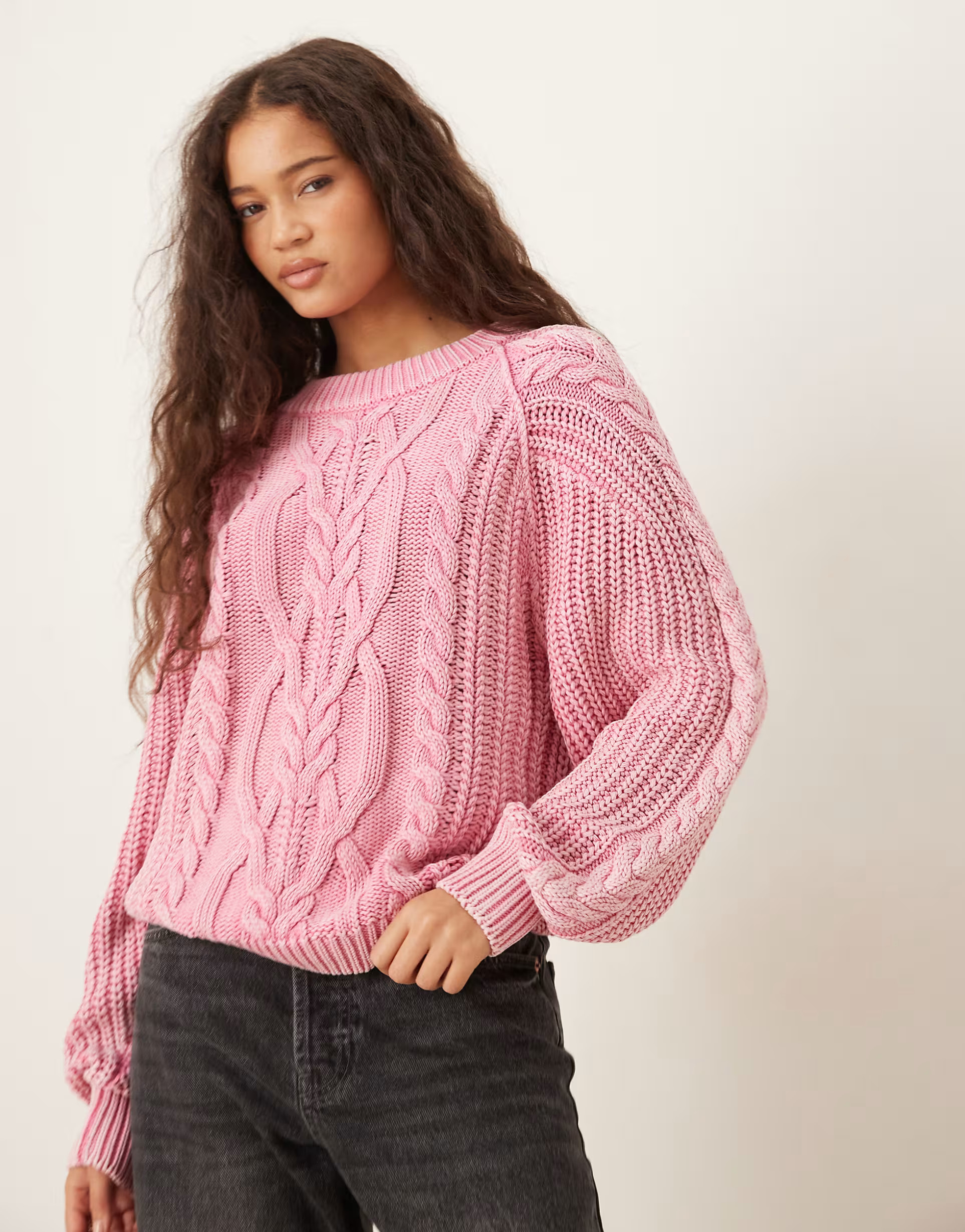 Free People frankie cable knit sweater in rose pink | ASOS (Global)