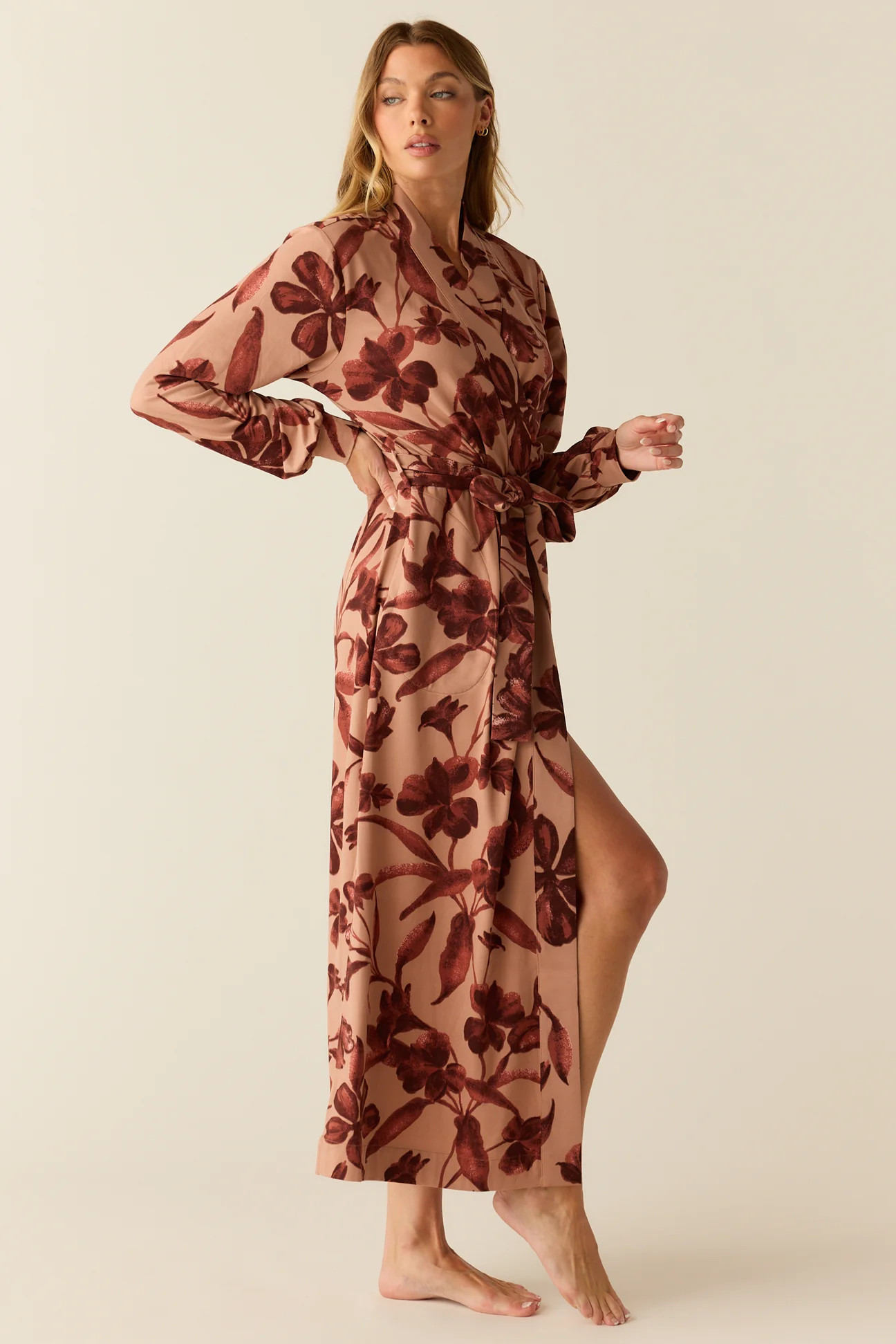 Skyler Cloud Jersey Banded Long Robe in Rosewood | MASONgrey