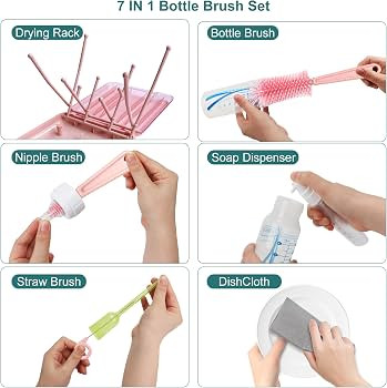 Baby Bottle Brush, 7 in 1 Travel Bottle Cleaner Kit with Silicone Bottle Brush, Nipple Brush, Str... | Amazon (US)