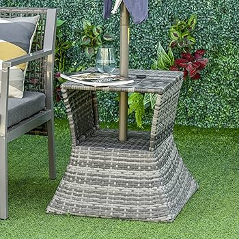 Outsunny Outdoor Side Table with Umbrella Hole, 2 Tier Rattan Wicker End Table with Storage Shelf... | Amazon (US)