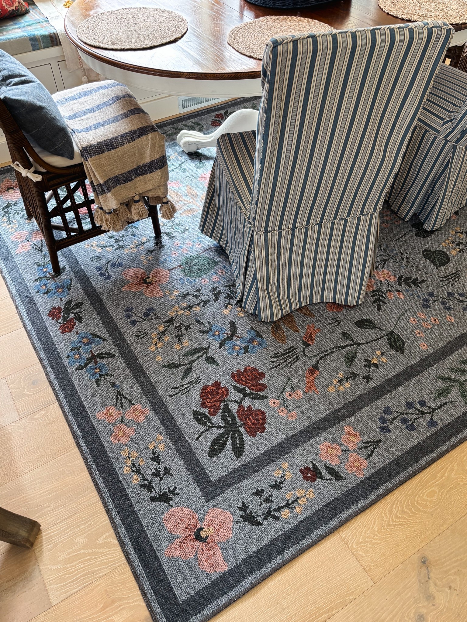 Floral dining room rug, blue white striped tassel blanket, chairs 

#LTKHome #LTKSeasonal #LTKStyleTip