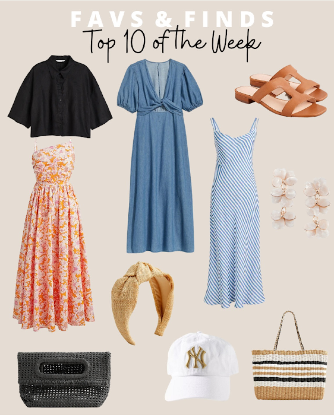 Top 10 favs and finds of the week: boxy cropped blouse, chambray tie puff sleeve dress, H strap leather sandals, white flower drop earrings, whicker stripe tote bag, NY Yankees baseball cap, woven knot headband, woven straw folded clutch, orange floral a line strap sun dress 

#LTKworkwear #LTKstyletip #LTKcurves