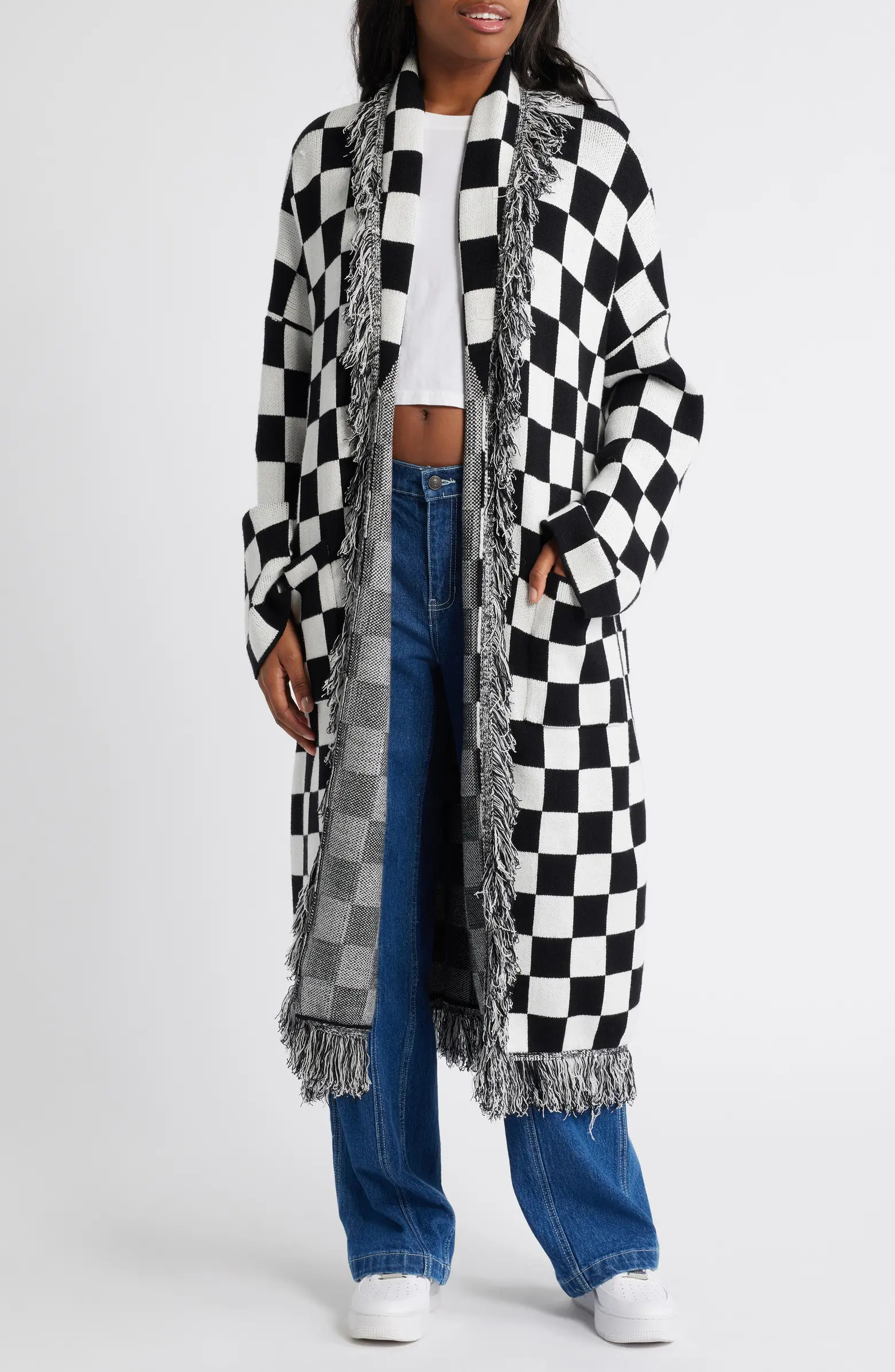 Dressed in Lala Checkerboard Fringe Detail Blanket Cardigan | Nordstrom | Nordstrom