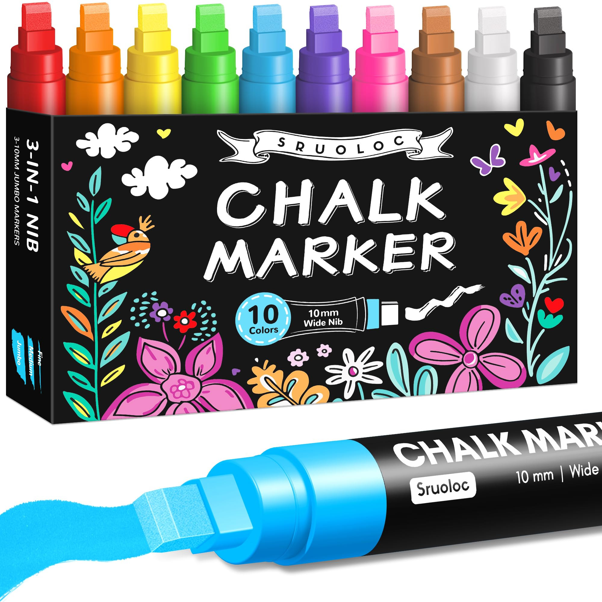 Window Chalk Markers for Glass Washable, 10 Colors Jumbo Liquid Chalk Marker with 10mm 3 in 1 Nib... | Amazon (US)