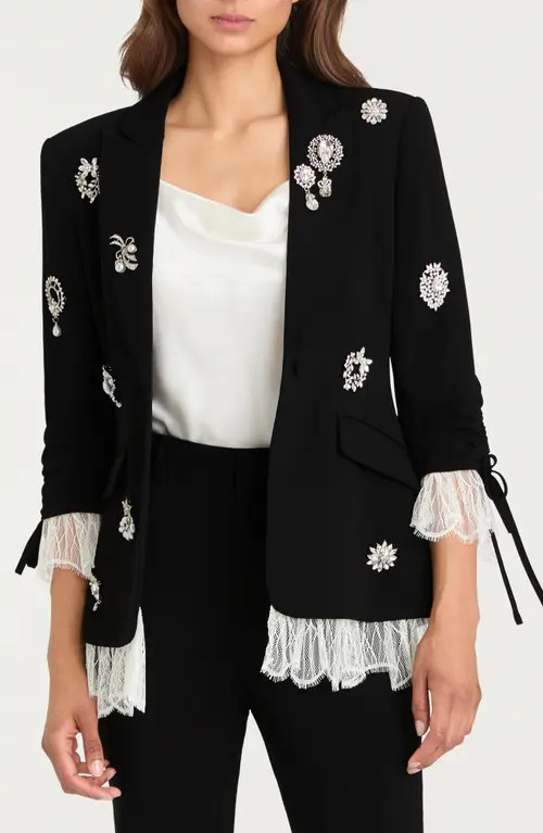 Cinq à Sept Roxie Crystal Brooch Blazer in Black/Ivory at Nordstrom, Size 2 | Nordstrom