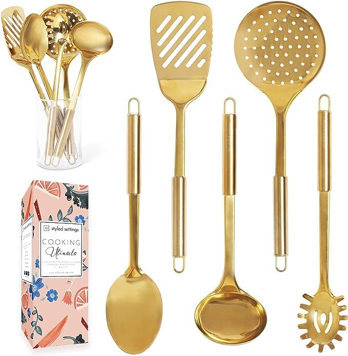 Brass/Gold Cooking Utensils Set for Modern Cooking and Serving - 5 PC Dishwasher Safe Stainless S... | Amazon (US)