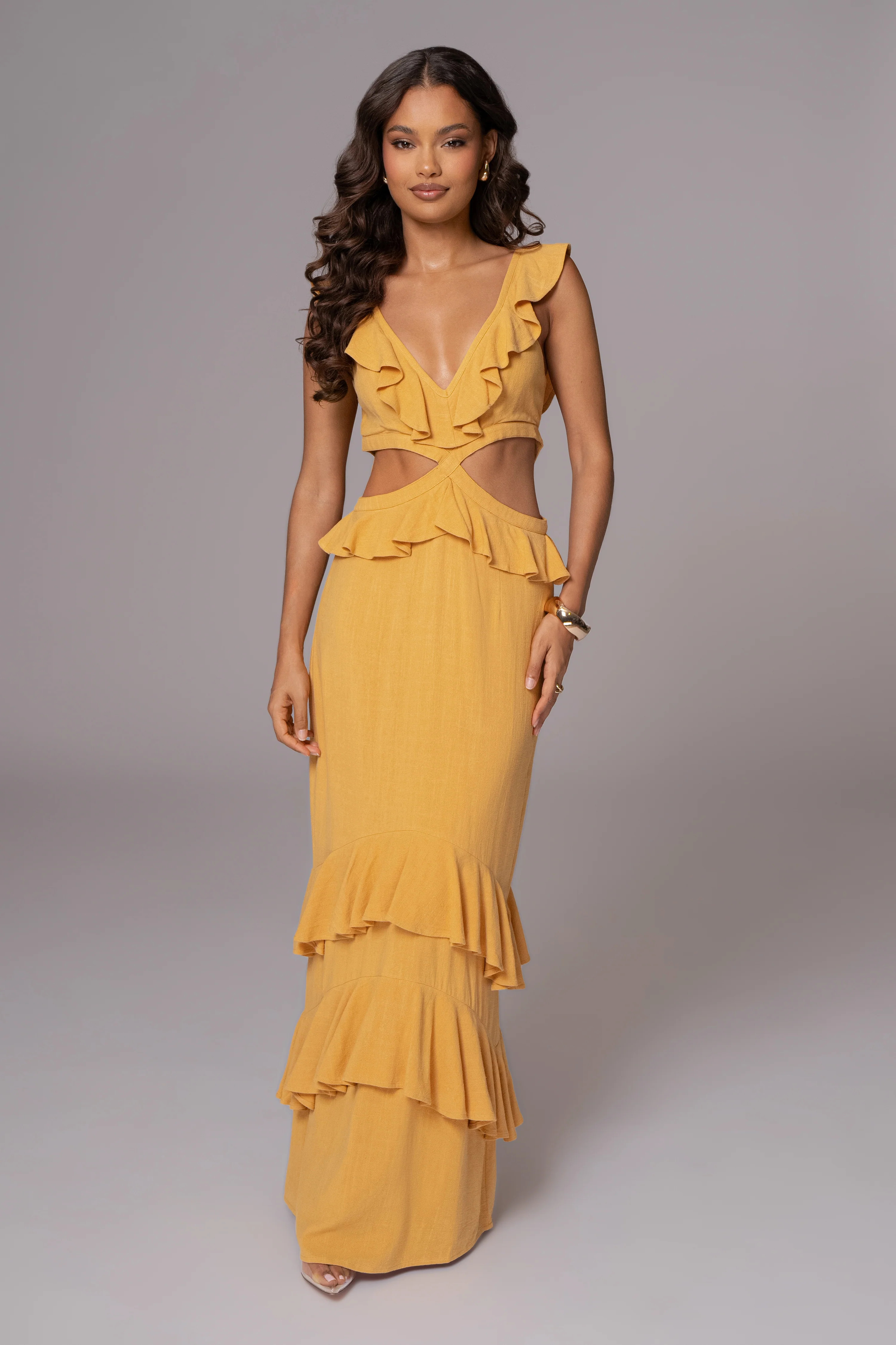 Yellow Sunshine Ruffle Linen Dress | JLUXLABEL