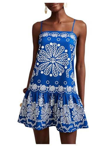 Floerns Women's Sleeveless Cami Dress Floral Flounce Hem Summer Short Dresses Blue and White Medium | Amazon (US)