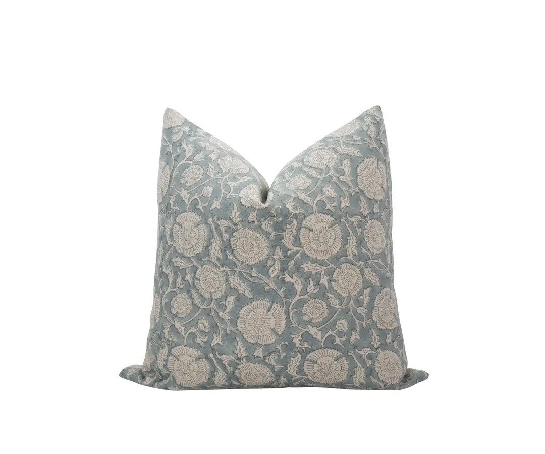 LIVY || Muted Blue Floral Pillow Cover Blue Block Print Pillow Farmhouse Pillow Spring Pillow Lig... | Etsy (US)