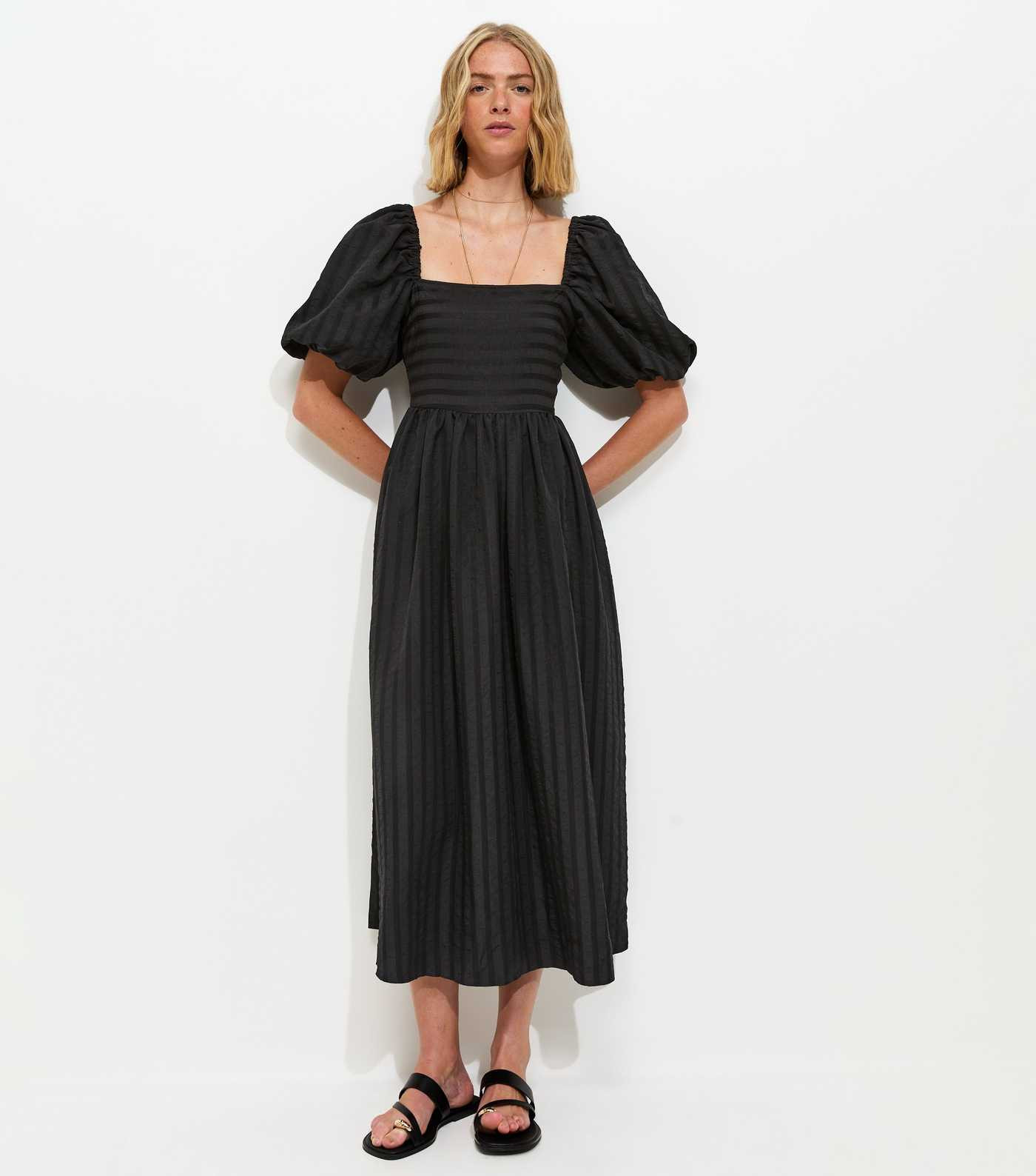 Black Puff Sleeve Striped Midi Dress | New Look | New Look (UK)