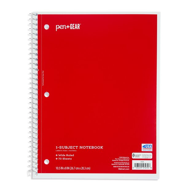 Pen+Gear 1-Subject Notebook, Wide Ruled, 70 Sheets, Red | Walmart (US)