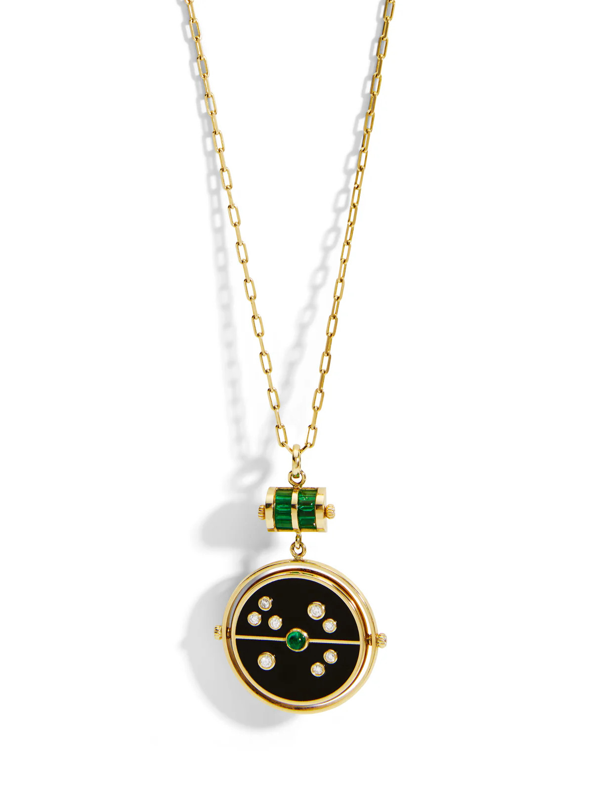 Grandfather Black Onyx and Emerald Compass Yellow Gold Pendant Necklace | YLANG 23