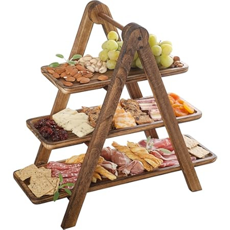 Manspdier Wood 3 Tier Serving Tray Three Tiered Cupcake Stand, Rectangle Serving Platter Wooden Farmhouse Tiered Tray, Party Serving Brown Decorative Tray Decor | Amazon (US)