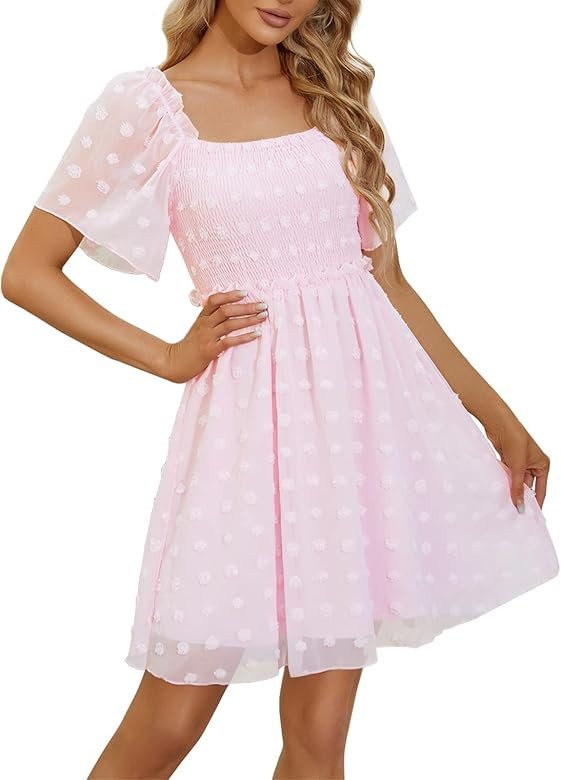 Womens Square Neck Smocked Mini Dress Summer Flutter Sleeve Swiss Dot Flowy Short Dresses Casual ... | Amazon (US)