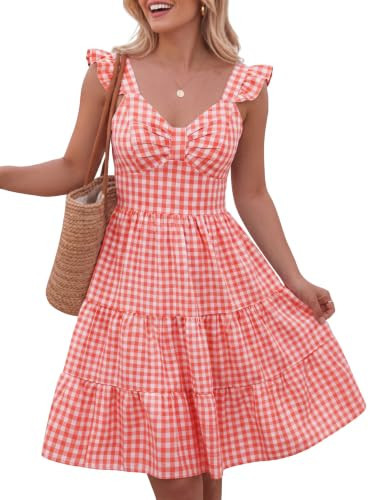 FOMELY Gingham Dress Women V Neck Flowy Summer Plaid Mini Dress 2026 Red | Amazon (US)